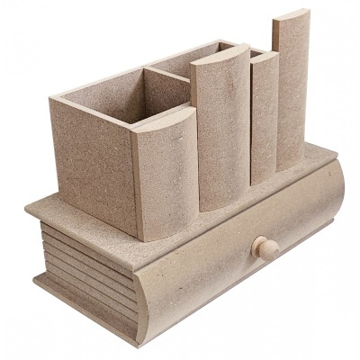 Organizador de secretária em madeira clara formato livros com gaveta