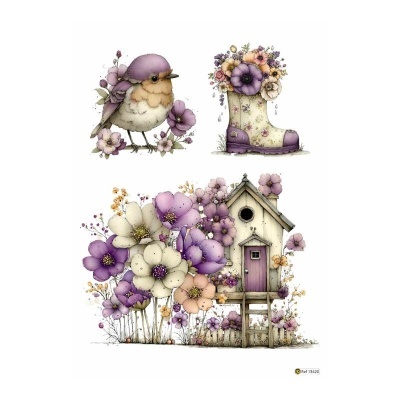 Ilustração de pássaro, bota com flores e casa de pássaros com flores