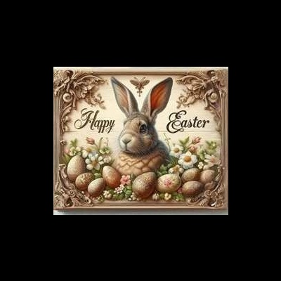 Imagem decorativa de coelho com ovos e flores e texto Happy Easter