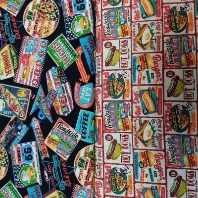 tecido estampado com placas retro e desenhos de fast food coloridos