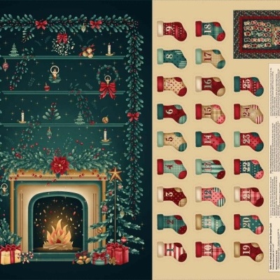 Lareira decorada de Natal ao lado de calendário do advento com meias numeradas
