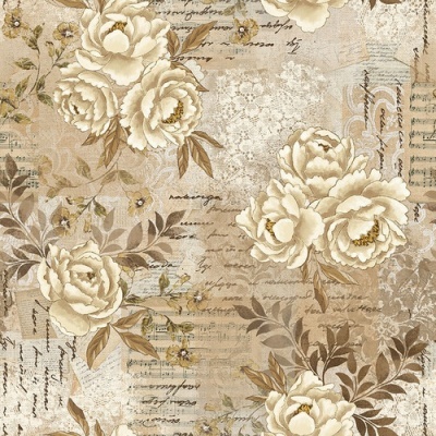 Padrão floral em papel de parede bege com escrita e partituras