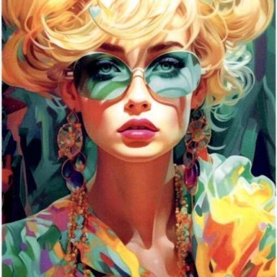 Retrato estilizado de mulher loira com óculos de sol e adereços coloridos