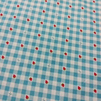 tecido azul e branco com padrão de xadrez e pequenos detalhes vermelhos