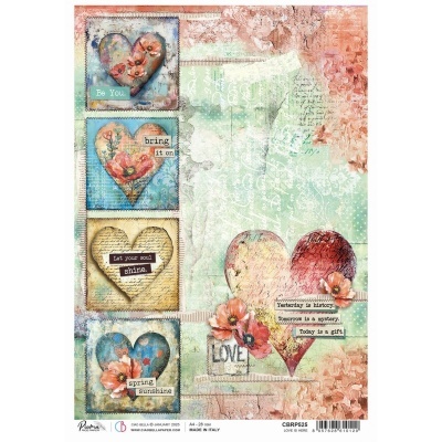 Papel decorativo com corações coloridos, flores e textos motivacionais em inglês