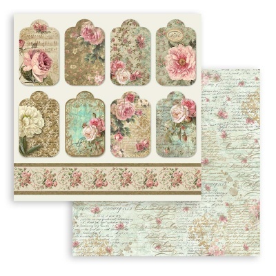 Papéis decorativos vintage com etiquetas florais e texto manuscrito
