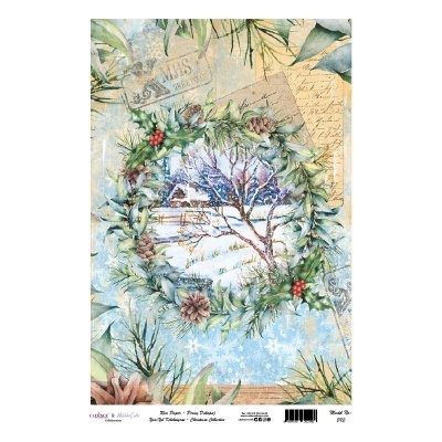 Papel decorativo com coroa de folhas verdes e cenário de inverno