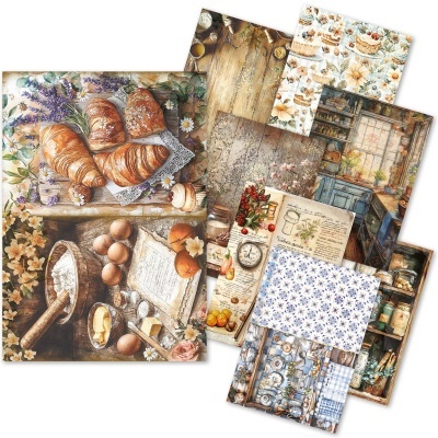 Folhas decorativas com imagens de cozinha e culinária em tons terrosos e azuis.