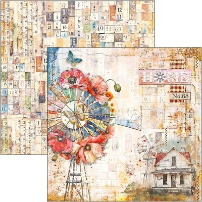 Duas imagens quadradas com números e um moinho de vento com flores e casa