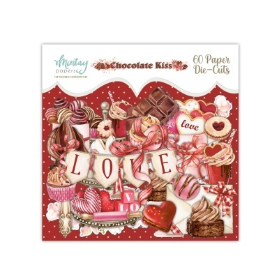Conjunto de recortes de papel com imagens de chocolates, doces e a palavra LOVE em cores vermelha, castanha e rosa