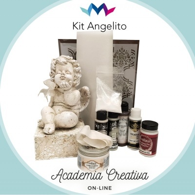 Kit Angelito com estatueta de anjo, tintas e pasta artesanal em fundo branco
