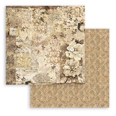 Folha de papel decorativo floral vintage com duas faces, uma com padrão complexo e outra com padrão repetitivo mais simples
