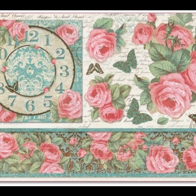 Padrão vintage com relógio decorativo, rosas cor de rosa, borboletas e fundo com texto manuscrito