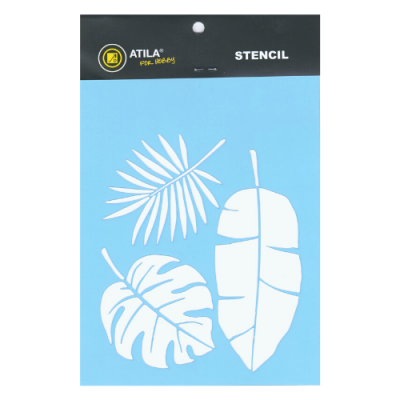 Stencil de folhas brancas em fundo azul com embalagem preta da marca ATILA