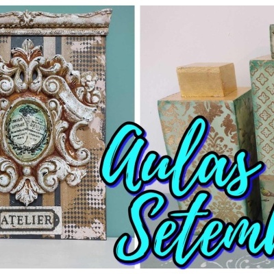 Caixas decorativas em tecido xadrez castanho, bege e azul com ornamento em resina e texto azul sobre fundo claro