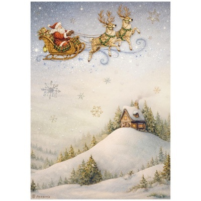Ilustração de Natal com Papai Noel em trenó e renas sobre paisagem nevada