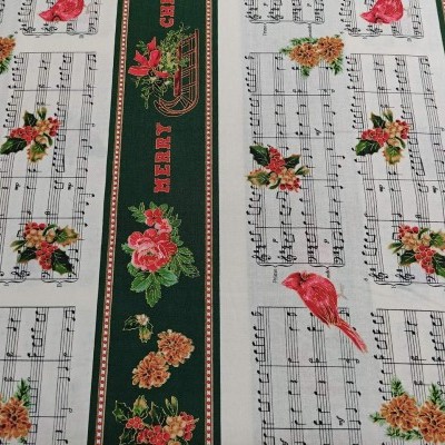 Tecido decorativo com notas musicais, flores, pássaros e texto MERRY CHRISTMAS