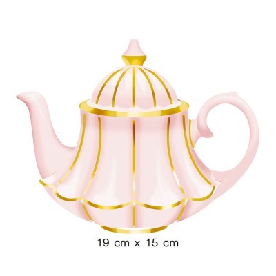 Chaleira rosa de porcelana com detalhes dourados e formato ondulado