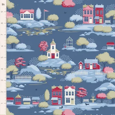 Tecido com padrão ilustrado de aldeia colorida em tons de azul e vermelho.