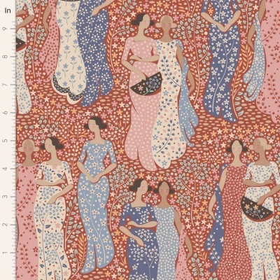 Tecido com padrão repetido de mulheres de vestidos floridos em cores pastel e fundo floral vermelho