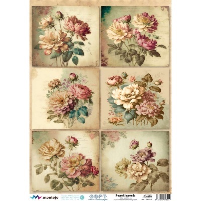 Papel japonês com seis desenhos florais em tons pastéis sobre fundos claros.