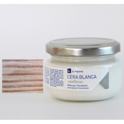 Frasco de cera branca para madeira ao lado de amostra de madeira