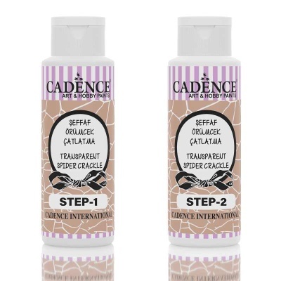 Dois frascos de tinta CADENCE com rótulos lilás e bege, texto em turco e inglês, numerados STEP-1 e STEP-2