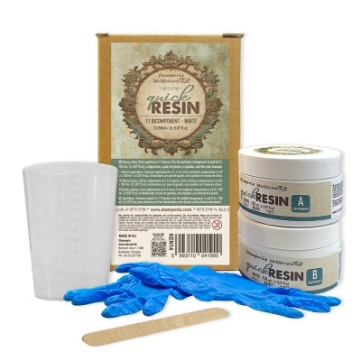 Conjunto de resina rápida Quick Resin com frascos, embalagem, copo medidor, luvas azuis e vareta de madeira