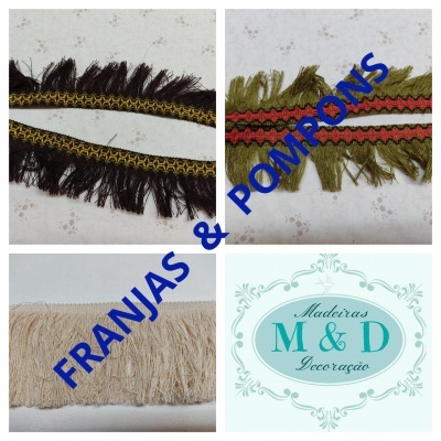 Franjas decorativas em tecido colorido e logotipo Madeiras M & D Decoração