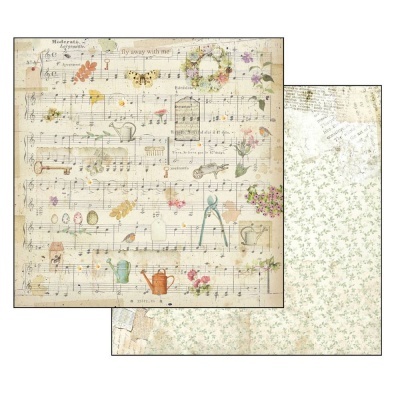 Papel decorativo com notas musicais e ilustrações vintage de jardim e flores