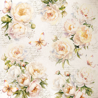 Estampa floral com rosas, pequenas flores, borboletas e escrita cursiva em fundo claro.