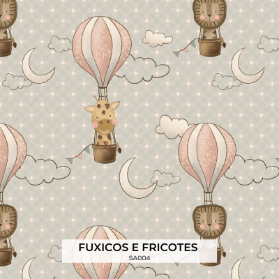 Papel de parede infantil com balões de ar quente, girafa e leão em tons suaves