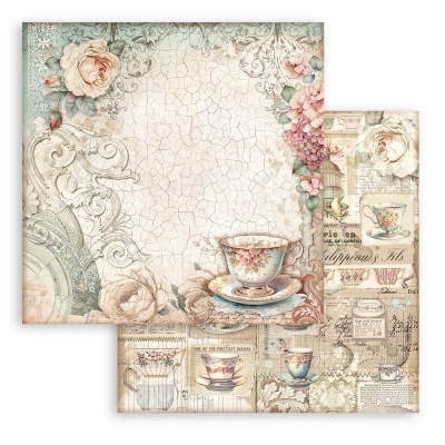 Papel decorativo vintage com chávenas de chá e rosas em tons pastel