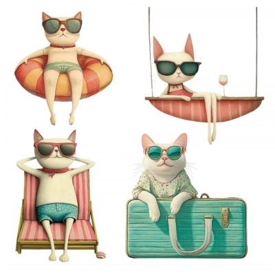 Ilustração de gatos com acessórios e roupas de verão em diferentes poses e cenários.