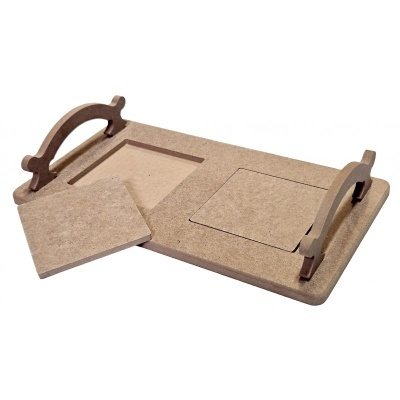 Tabuleiro de madeira MDF cru com alças e tampas quadradas