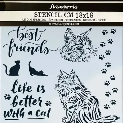 Stencil de 18x18 cm com desenhos e texto sobre gatos em preto