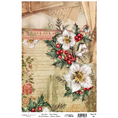 Papel decorativo com flores brancas, bagas vermelhas e folhas verdes em padrão vintage