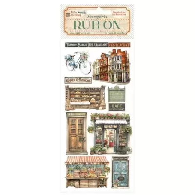 Autocolantes artísticos estilo vintage com imagens de bicicleta, edifícios, e textos em inglês e francês.