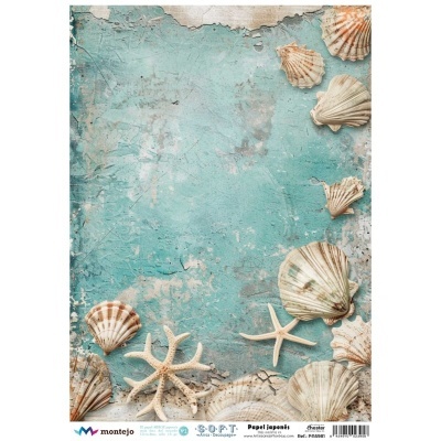 Papel japonês decorativo azul com conchas e estrelas-do-mar bege