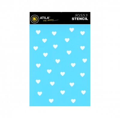 Stencil azul com corações brancos e etiqueta preta superior com texto