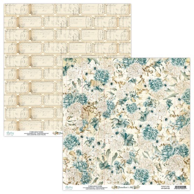 Papéis decorativos com padrão de etiquetas e padrão floral azul e bege.