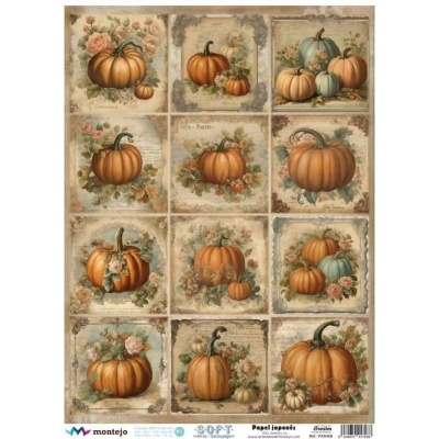 Papel japonês com padrão de abóboras e flores em 12 quadros