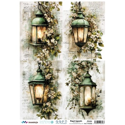 Lanternas verdes iluminadas com flores e folhas sobre fundo vintage com texto