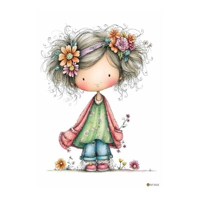 Ilustração de menina sorridente com flores no cabelo, roupa colorida e flores ao redor