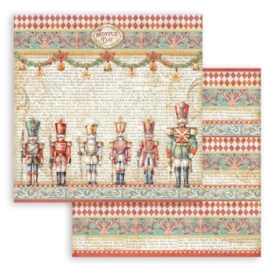 Papel decorativo com soldadinhos de chumbo e padrões de Natal