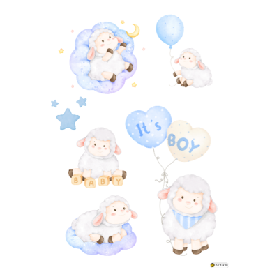 Desenho infantil de cinco ovelhas com balões e blocos com palavras baby e it's boy