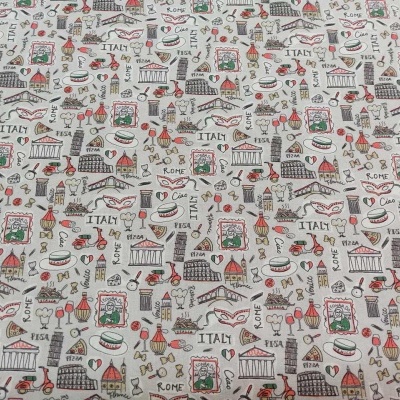 Tecido branco com padrão colorido de desenhos e palavras relacionadas a Itália.