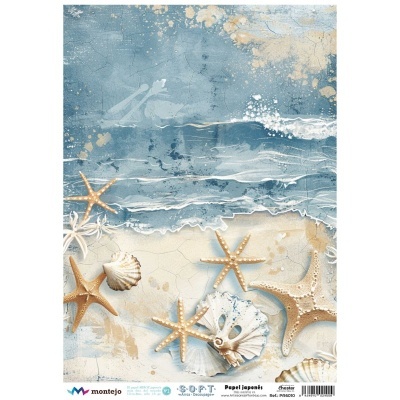 Design de papel japonês com conchas e estrelas do mar em fundo azul e bege