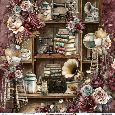 Prateleiras de madeira com objetos vintage incluindo máquina de costura, telefone antigo, livros, globo, manequins de arame, flores e gramofone.