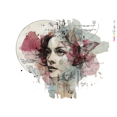 Desenho artístico de rosto feminino com borboleta rosa e elementos gráficos e manchas coloridas.